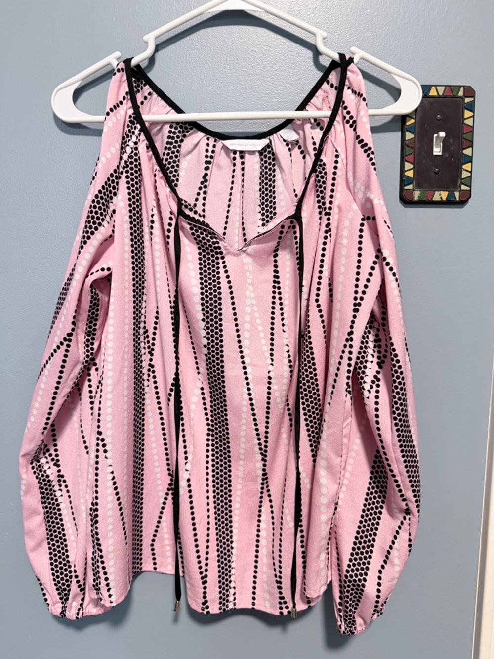 New York & Company Pink Cold-Shoulder Striped Blouse with Black Trim
